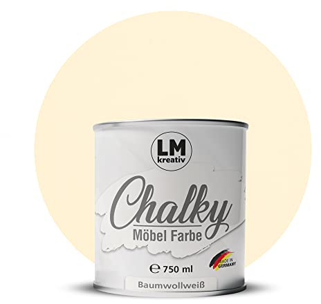 Chalky Möbelfarbe Kreidefarbe für Möbel 750 ml / 1,05 kg (Baumwollweiß), matt finish In- & Outdoor Kreide-Farbe für Shabby-Chic, Vintage Look, Landhaus Stil Möbel streichen