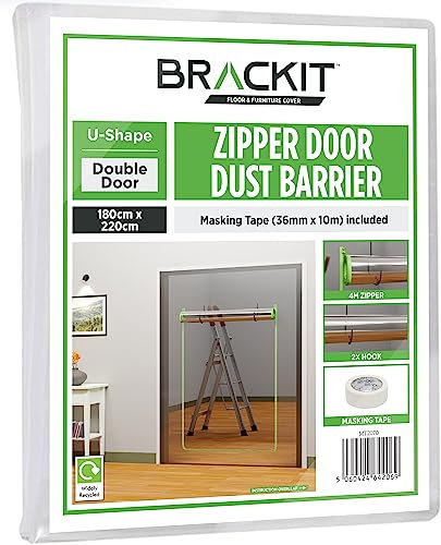 Brackit U Shape Zipper Door dust Sheet with pre-Assembled 4.5m Zipper. 180cm x 220cm. with Masking Tape 36mm x 10m
