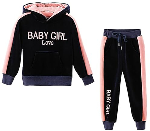 YFPICO Survêtement Fille Encapuchonné Ensemble de Sport Costume Jogging Sweatshirt et Pantalon Enfant Pull Hoodies Epais Tenue d'automne Hiver, Bleu Marine, 4-5 Ans