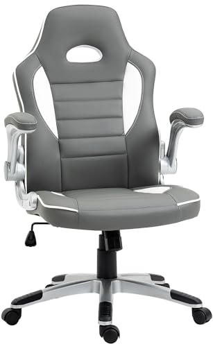 Vinsetto Computer Gaming Chair, Office Desk Swivel Chair, PU Leather Racing Chair with 90° Flip-up Armrest, Adjustable Height and Rolling Wheels, Grey