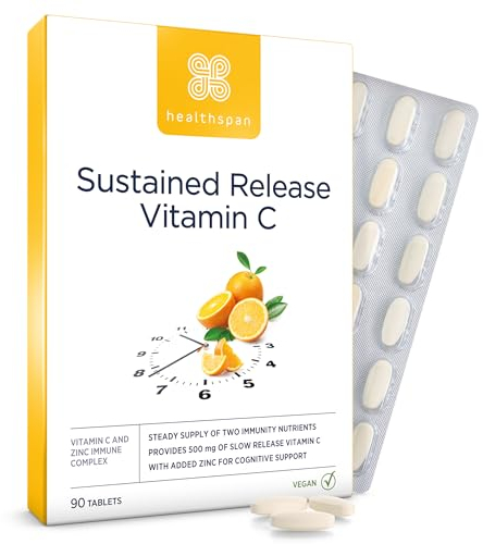 Healthspan Vitamin C Sustained Release 500mg (3 Months' Supply) | to Support Your Immune and Nervous Systems | Added zinc to Support Cognitive Function | Vegan