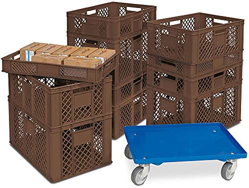 11 contenitori Euro/impilabili in 4 altezze, PE-HD, marrone, 600 x 400 mm, altezza 90 mm/150 mm/240 mm/320 mm, con rullo di trasporto incluso