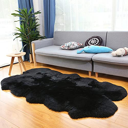Altlue Alfombra Piel De Oveja Auténtico Alfombra Piel De Cordero Grande Alfombra Lana Alfombras Pelo Largo - Negro
