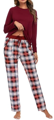 Uniexcosm Pyjama Femme Coton Long Ensembles de Femme Hiver Carreaux Col Ronde Manches Longues Pyjama pour Femme avec Poches Latérales