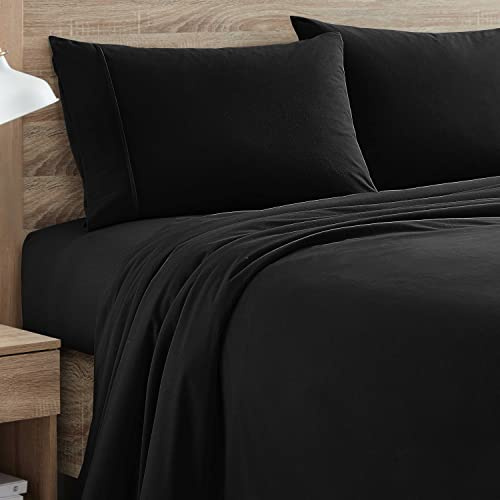 Flanelllakan varm och mysig djup ficka andas alla årstider sängkläder set med passade, platta och örngott, drottning, svart