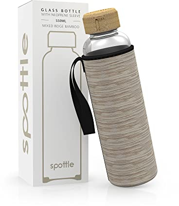 spottle Trinkflasche aus Glas 1l - Glasflasche 500ml - 750ml - 1 liter mit Neoprenhülle - Schutzhülle - Glastrinkflasche mit Schraubverschluss (Beige meliert/Bambus, 550 ml)
