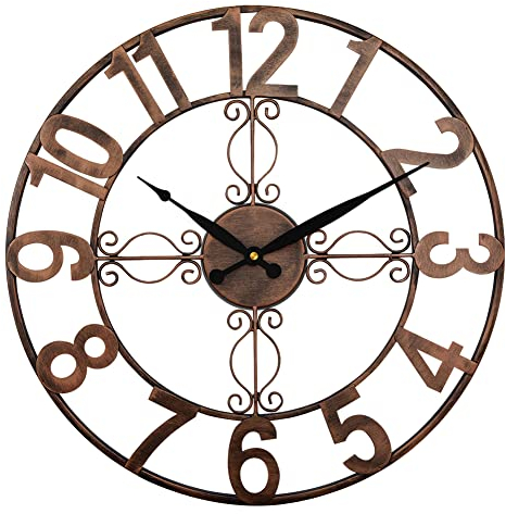 UMEXUS Outdoor Indoor Retro Wall Clock Waterproof, 18 Inch Metal Cut Out Large Decorative Silent Non Ticking Wall Clock for Living Room, Patio, Garden, Office, Home Decor (Copper)