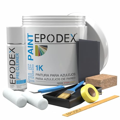 EPODEX PINTURA PARA AZULEJOS 1K CON ACCESORIOS – Para baño, cocina y más – Revestimiento satinado para azulejos de pared interior – Blanco, gris, beige y más – 1kg (7m² con 2 capas)