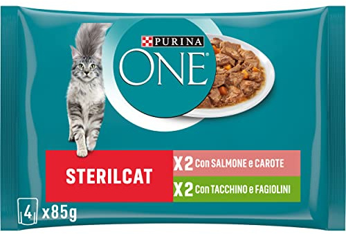 PURINA ONE Sterilcat Cibo Umido per Gatto Adulto Sterilizzato Bocconcini con Salmone e Carote, Tacchino e Fagiolini in 48 Bustine da 85 g