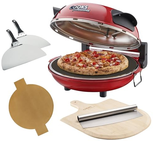 Cooks Professional Electric Pizza Oven with Bamboo Board, Cutter, 31cm Stone Base, Glass Window, Timer, Stainless Steel Paddles & Baking Sheet | Portable Countertop Pizza Maker Machine 1200W | Red