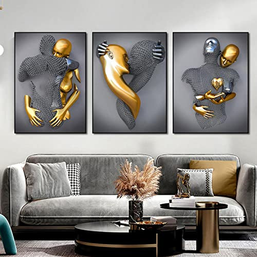 BIEMBI Moderne Wandkunst Poster Romantische Metallfigur Statue Leinwand Gemälde Einzigartiges Bild Für Wohnzimmer Heimtextilien 30x45cmx3 Rahmenlos