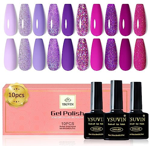 Yueshop 10 Colors Grape Purple Gel Nail Polish Set- Grape Purple Glitter Dark Purple Series Sparkle Gel Nail Polish Light Purple Diamond Nail Polish UV LED Lamp Nail Art Varnish For Salon&Home Use 8ml