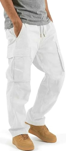 HUNGSON Pantalon Cargo décontracté avec Cordon de Serrage pour Homme - Pantalon de randonnée décontracté - Pantalon de Jogging - Pantalon de Sport en Coton Ample et Droit pour Homme, Blanc, 48
