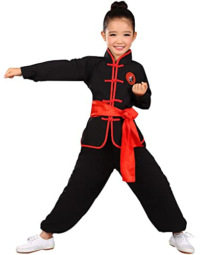 YEMYIQZ Kids Kung Fu Clothing Traditional Tai Chi Uniforms for Boys Girls Chinese Martial Art Wing Chun Long Sleeve Tang Suit (US, Alpha, 3X-Large, Regular, Black)