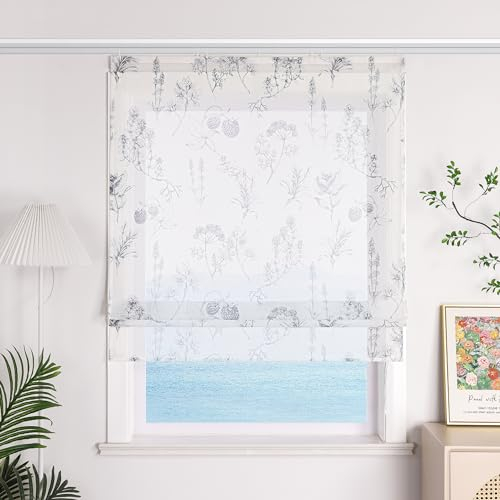 ESLIR Raffrollo mit Klettband Transparente Gardinen Küche Raffgardinen Landhaus Bändchenrollo Weiß Vorhänge Wohnzimmer Grau BxH 120x140cm 1 Stück