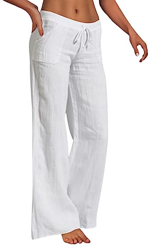 Leinenhose Damen Sommer Leicht Freizeithose Einfarbig Strandhose Yogahose Loose Fit Weite Beine Hose Sommerhose Gerades Bein Bequeme Stoffhose mit Kordelzug und Taschen