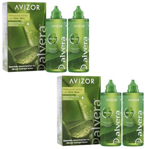 AVIZOR ALVERA PACK 4X350ml - Lösung mit Aloe Vera zur Reinigung und Desinfektion von Kontaktlinsen - Natürlicher Schutz - Lang anhaltender Komfort - Geeignet für alle Arten von weichen Kontaktlinsen