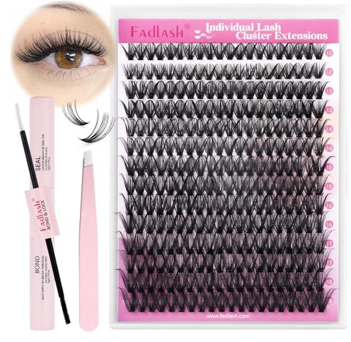 FADLASH Kit di Extension Ciglia a Ciuffetti da 40D, 280pcs Ciglia Finte Volume Russo da 0,07mm D Curl 12-18mm, Bond e Seal, Pinzette per Lash Cluster, DIY a Casa Saloni