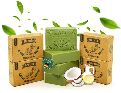 Beroia® Originale Aleppo Seife 4x 125g traditionell & handgemachte Duschseife für Haut & Haar | Olivenölseife Handseife Stückseife Naturseife Naturkosmetik | vegan | Kokosöl