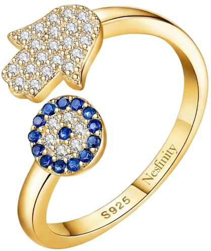 Nesfinity Nazar Boncuk Ring 925 Silber vergoldet | Verstellbarer Damenring | Fatima Hamsa & Evil Eye Talisman | Türkisches Auge Schmuck Geschenk | Goldring | Böser Blick | Goldkette | Silberhalskette