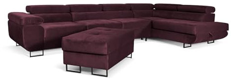 Aller Lang XL Modernes Design Ecksofa mit Schlaffunktion, Bettkasten in Ottomane, Hocker mit Stauraum – Tierfreundlicher Waterproof-Welvet, inkl. 2 runde Kissen, Ottomane rechts. (Kastanienbraun)