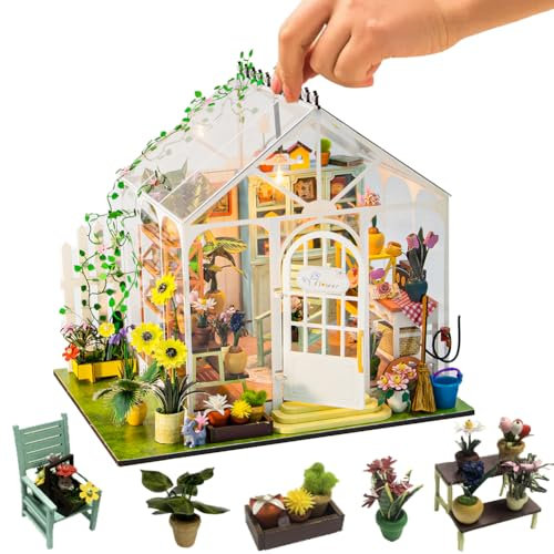Cjeuxnr Kit fai da te in miniatura per casa delle bambole, modello mini serra con luce del sole, kit di costruzione con mobili e luci a LED, kit artigianali per adulti, regali di compleanno (senza