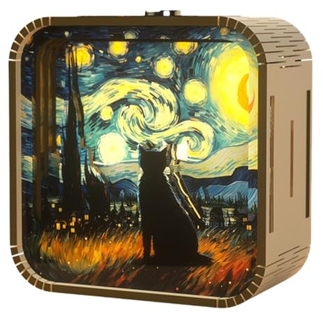 Woodbests Puzzle 3D in Legno con Luce Notturna LED - Lampada Fai Da Te per Decorazione Casa con Luce Calda e Morbida (Gatto)