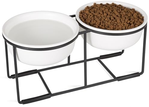 Hundenapf Set Erhöht Hundenäpfe Keramik - Fressnapf Hund 2er Set mit Rutschfestem Metallständer - Doppelnapf Hund für Futter und Wasser - Ideal für Kleine und Mittelgroße Hunde - 2 x 720 ml - Mattweiß