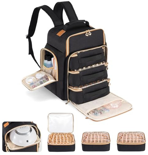 Hautton Nail Polish Organizer Holds 126 Bottles & Lamp, Extra Large Nail Kit Supplies Storage Bag with 3 Individual Drawers, Portable Organizers Travel Case for Manicurist -Black