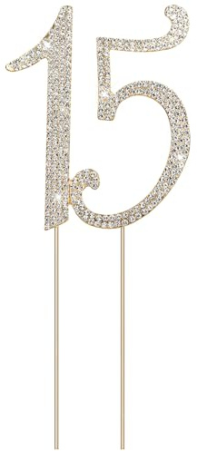 Lot de 15 décorations de gâteau d'anniversaire en forme de chiffre, accessoires de gâteau, décoration de gâteau pour 15 ans, pour fille, accessoires de fête d'anniversaire (doré)
