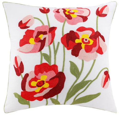 Housse de coussin brodée de fleurs pour canapé, décoration d'intérieur, douce et confortable avec fermeture éclair dissimulée (roses, 45 x 45 cm)