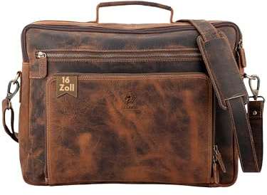 LEARICHI 16 Zoll Handgefertigte Jäger Verzweifelt Leder Laptop Schulter Aktentasche für Männer Braune Umhängetasche im Vintage Stil Mit Gepolstertem Fach