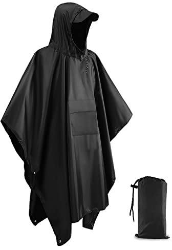 Victoper Waterproof Poncho Adult, Festival Essentials Lightweight Reusable Festival Poncho Adult Waterproof Outdoor Hiking Camping Cycling Traveling Waterproof Raincoat Camping Essentials Black