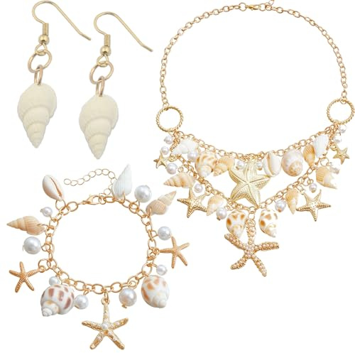 fufupaw Muschelkette, Muschel Armband, Muschel Ohrringe, Seestern Kette, Muschelkette, Muschelkette Damen, Muschel Accessoires Damen, Schmuck Set für Party, Halloween, Strandparty (3-Teiliges Set)