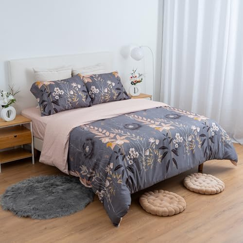 Etrexonline Juego de Funda Nórdica 4 Piezas para Cama 180 - Funda Edredón 260x240 cm, Sábana Bajera 180x200+28 cm, 2 Fundas de Almohadas 50x90 cm - Microfibra Suave y Transpirable - Flores Gris