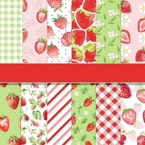 Scrapbook Papier 30x30 Scrapbook Bastelpapier mit Erdbeere Muster, 24 Blatt Sommer Scrapbooking Papier Obst Muster Dekorpapier, Doppelseitiges Motivpapier für Journal Scrapbooking