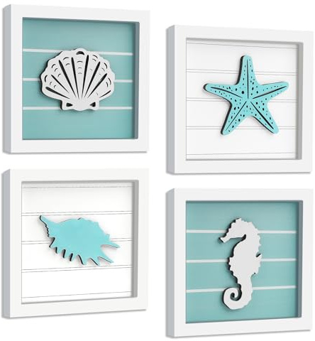 DETENE Set de 4 Cuadros 3D Náuticos para Pared Decoración 3D con Concha Estrella de Mar y Caballito de Mar Coquilla(18×18cm) Marcos de Playa para Baño Sala de Estar y Casa de Playa