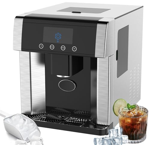 2-in-1 Ice Maker & Water Dispenser, 15KG/33lbs in 24H, 3 Ice Cube Sizes, Dual Water Inlet, Self-Cleaning LCD Display, Countertop Ice Machine for Home Office Bar