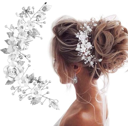 Poraceous Mariage Feuilles Vignes de Cheveux, Fleurs de Mariage Cheveux Vigne, Barrette Coiffure Fleurs Strass, Bandeau de Perles de Mariée, pour Mariages, Fêtes, Anniversaire, Fêtes (Argent)