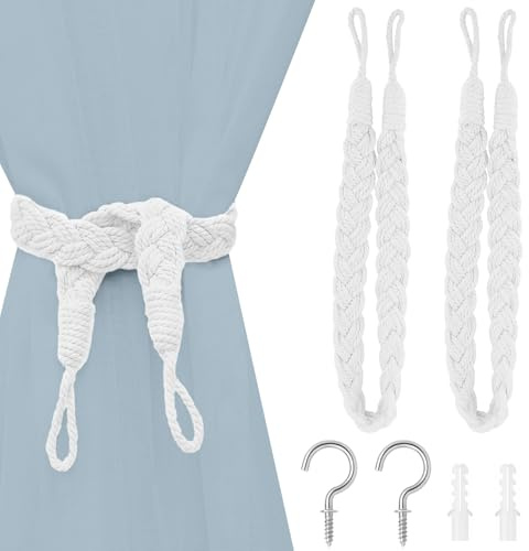 SUBTAVIK Raffhalter für Vorhänge, 2er-Pack, Elegante Raffhalter im Boho-Stil, Handgestrickte Raffhalter mit Metallhaken für Zuhause, Büro, Wohnzimmer und Schlafzimmer (Weiß)