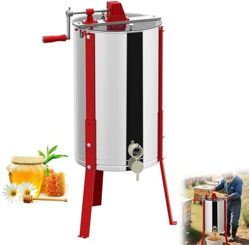 QEENTOE Handbetriebene Honigschleuder Diagonalschleuder aus Edelstahl | 3 Waben Bienenwachs Presse mit robustem Rahmen | Inkl. Sicherheitsdeckel und stabilem Fuß | für Imker und Hobby-Züchter 38 cm