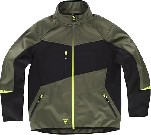 WORKTEAM Chaqueta Workshell Hombre, Corta Vientos, Repelente al Agua y Resistente al Desgarro, Interior Térmico Transpirable con Bolsillos Cremallera, Softshell Verde Caza+Negro+Amarillo XL