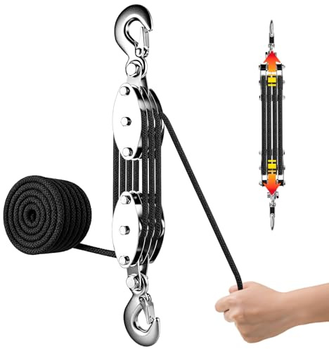 Flaschenzug Schwerlast 2000 kg Bruchlast, 20 m Nylonseil | 8:1 Übersetzung, 300 kg WLL, 20 m Nylonseil, arbeitssparender Seilzug für Garage, Werkstatt und Forst