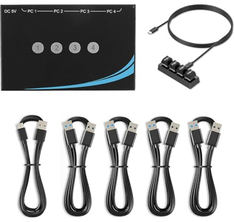 Ubric Switch USB 3.0 4 ingressi/4 uscite con cavo dati USB 3.0 AM-AM, 4 porte di condivisione per computer con supporto per tastiera, mouse, scanner e stampante