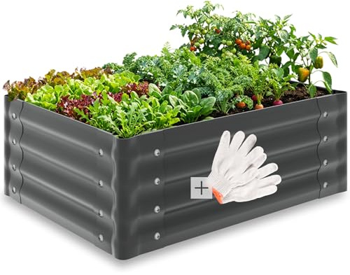 tectake® Aiuola Rialzata Zincata, 80x60x30 cm, 130L, Fioriera da Esterno, Letto per Giardino Fondo Aperto, Orto Rialzato da Esterno, Per Giardinaggio, Erbe, Ortaggi, Frutta, Fiori, Guanti Inc- Grigio