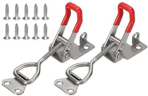 sourcing map 2 Pack 4002 Toggle Latch Clamp 304 Stainless Steel Adjustable Toggle Latches with Lock Hole and Leather Heavy Duty Quick Release Hasp Clamp for Smoker Cabinet Lid Jig Trunk, Silver