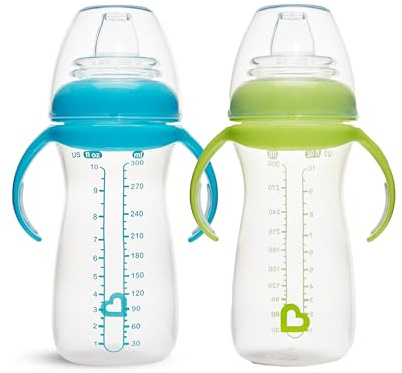 Munchkin Gentle Transition Tasses Bébé | Gobelets transparents pour bébés et tout-petits avec poignées et couvercles | Anti-fuite | Diversification alimentaire | 9m+ | 296 ml | 2pack| Bleu/Vert
