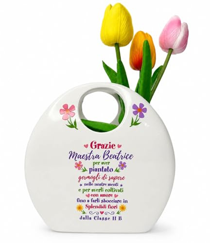 Vaso Borsetta Portafiori in Ceramica Bianca, Personalizzabile, con Tulipani Decorativi, Regalo Fine Anno Scolastico, 17x17 cm
