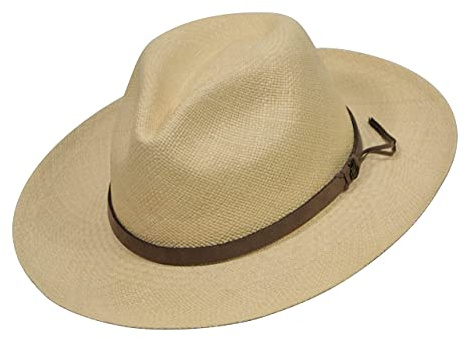 Original Panama Hat - Wide Brim Classic Fedora - Leather Band - Handmade in Ecuador by Ecua-Andino - Hatbox Included (Natural, Brown Leather Band, Large | 58cm - 59cm)