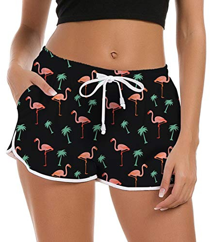 Fanient Badshorts för kvinnor, 3D-grafiska strand- och surfshorts, sommar, badkläder nederdel, nyhet, träning, gym, sportbyxor med justerbar dragsko, XS–XL, Rosa Flamingo, S
